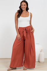 Malta Pants - High Waisted Wide Leg Pants with Tie Waist in Rust