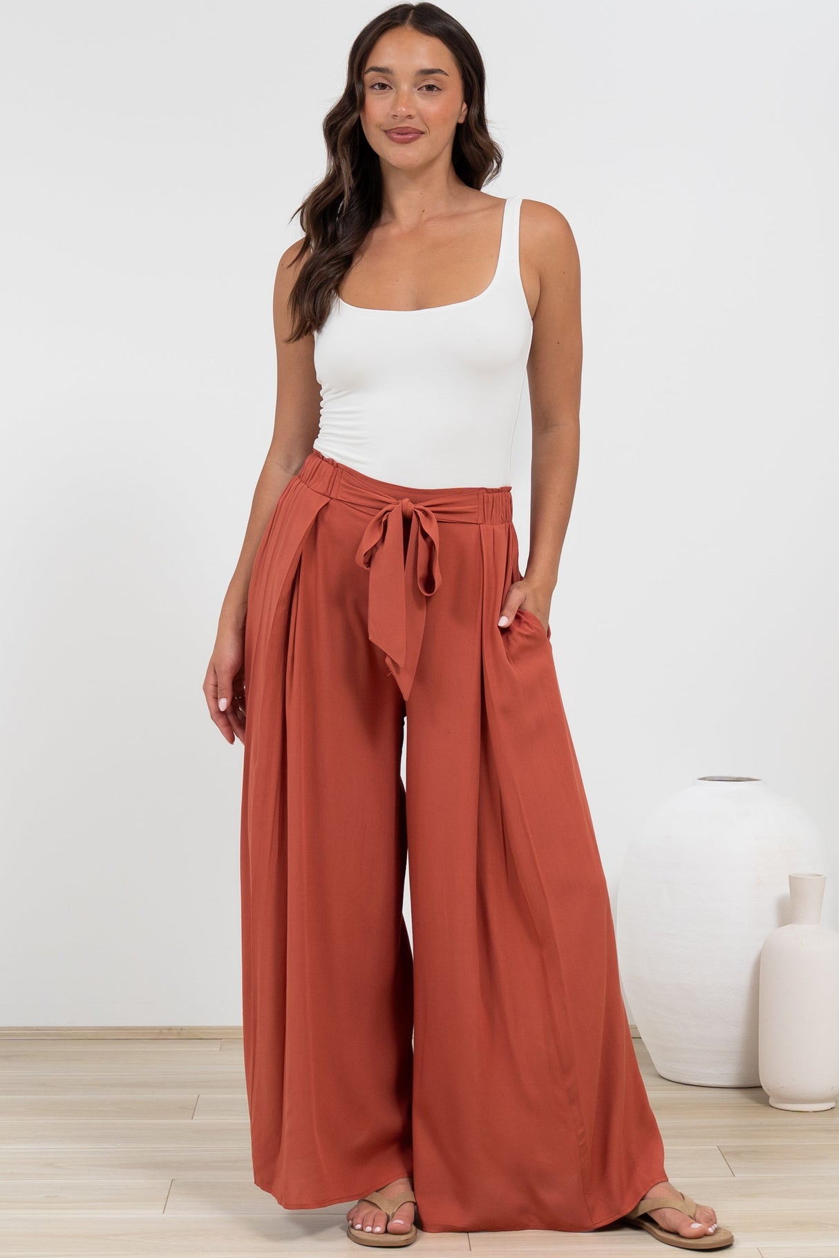 Malta Pants - High Waisted Wide Leg Pants with Tie Waist in Rust