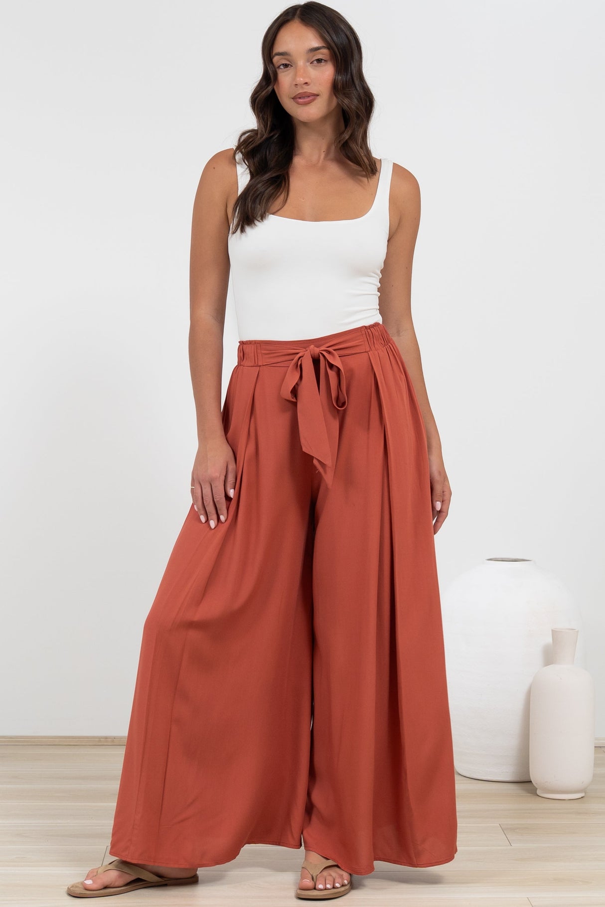 Malta Pants - High Waisted Wide Leg Pants with Tie Waist in Rust