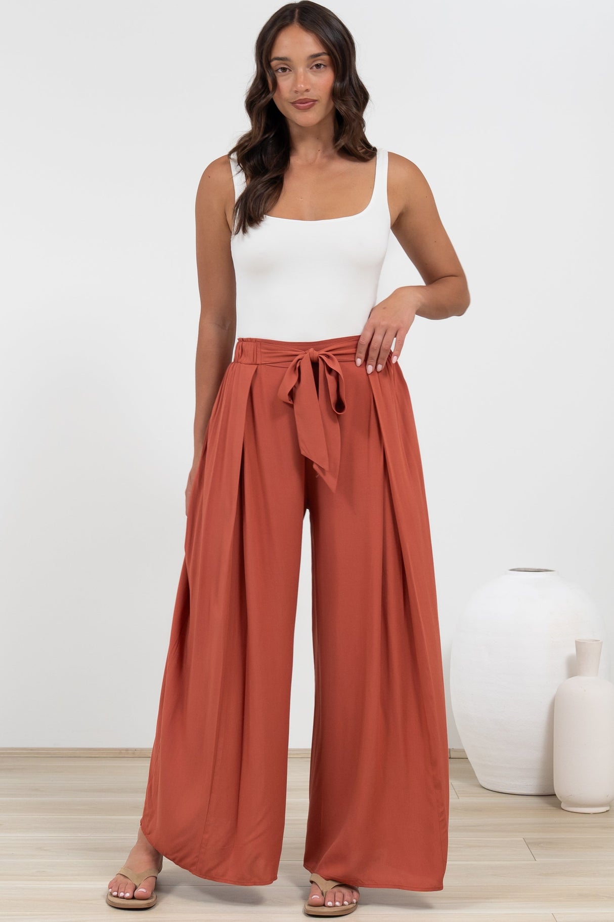 Malta Pants - High Waisted Wide Leg Pants with Tie Waist in Rust