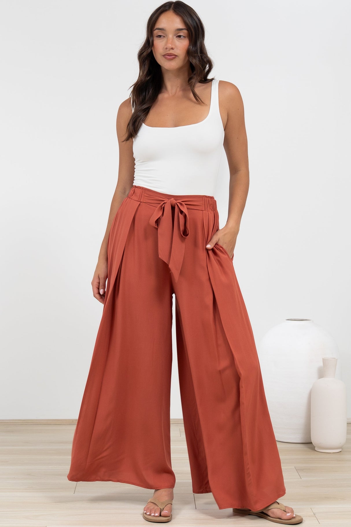 Malta Pants - High Waisted Wide Leg Pants with Tie Waist in Rust
