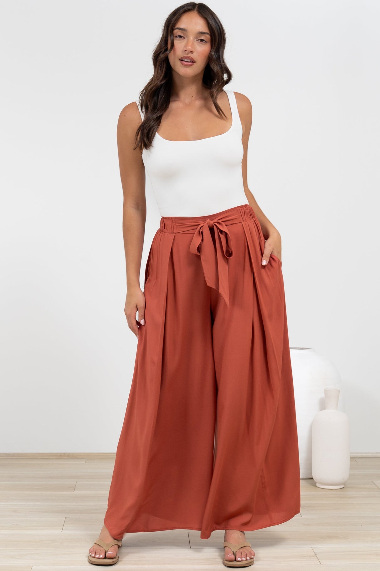 Malta Pants - High Waisted Wide Leg Pants with Tie Waist in Rust