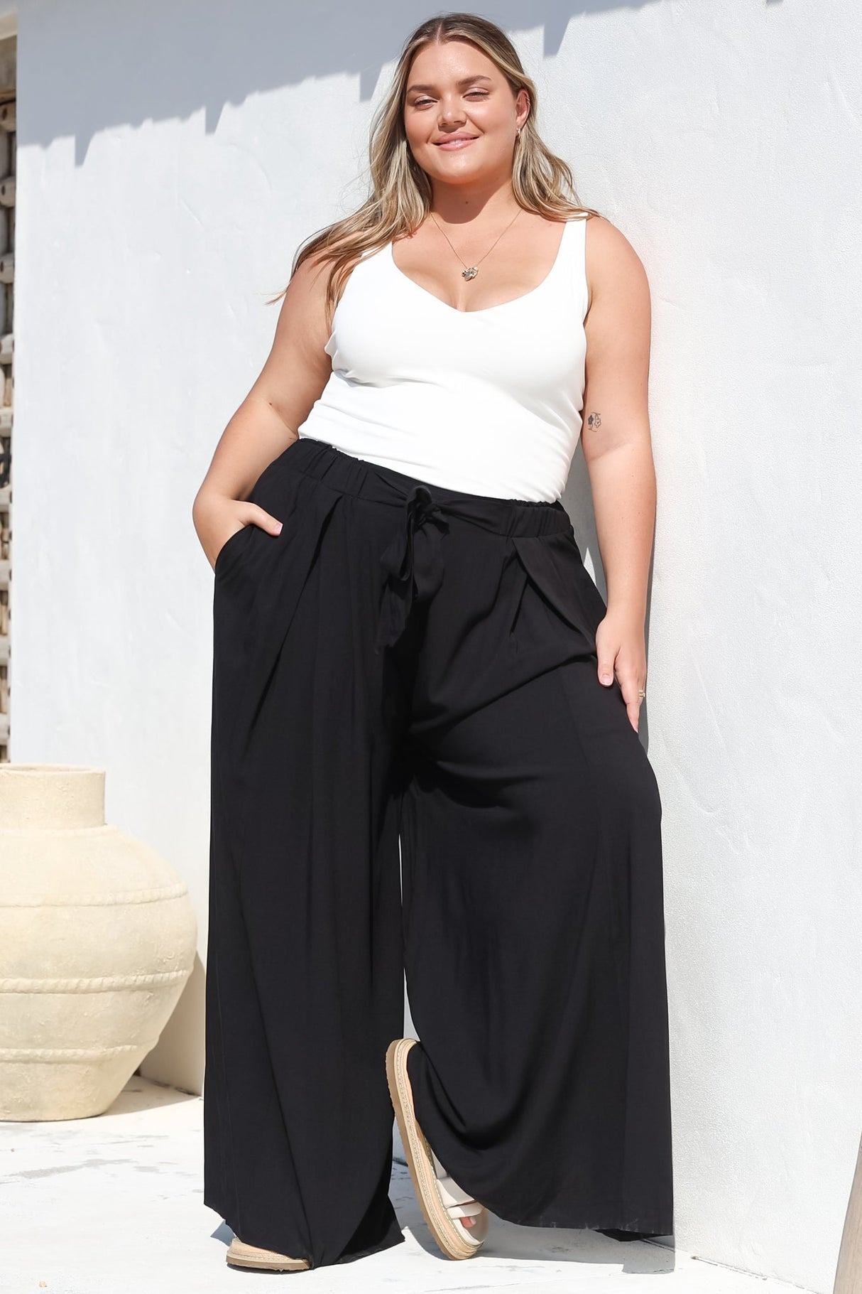Malta Pants - High Waisted Wide Leg Pants with Tie Waist in Black
