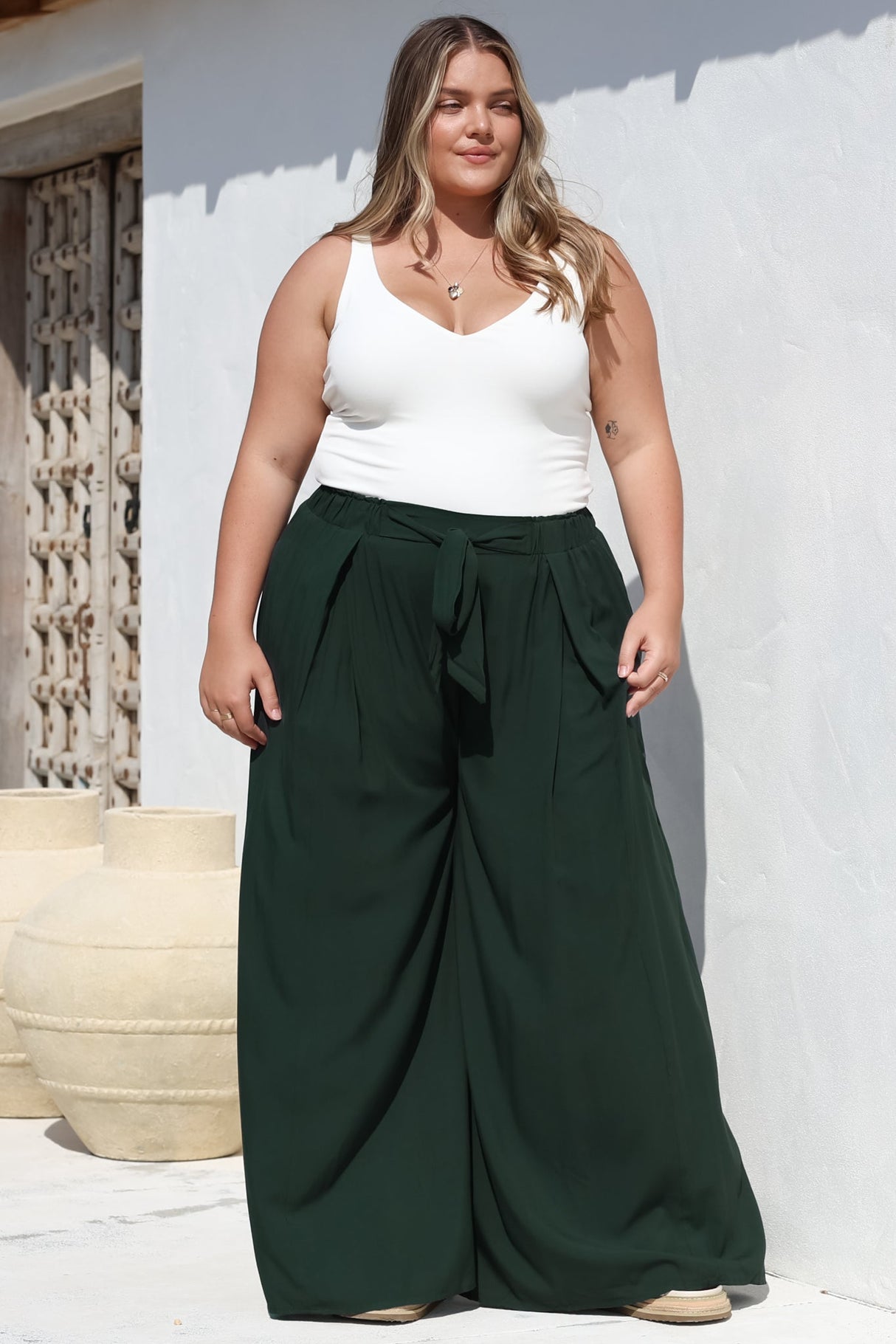 Malta Pants - High Waisted Wide Leg Pants with Tie Waist in Emerald