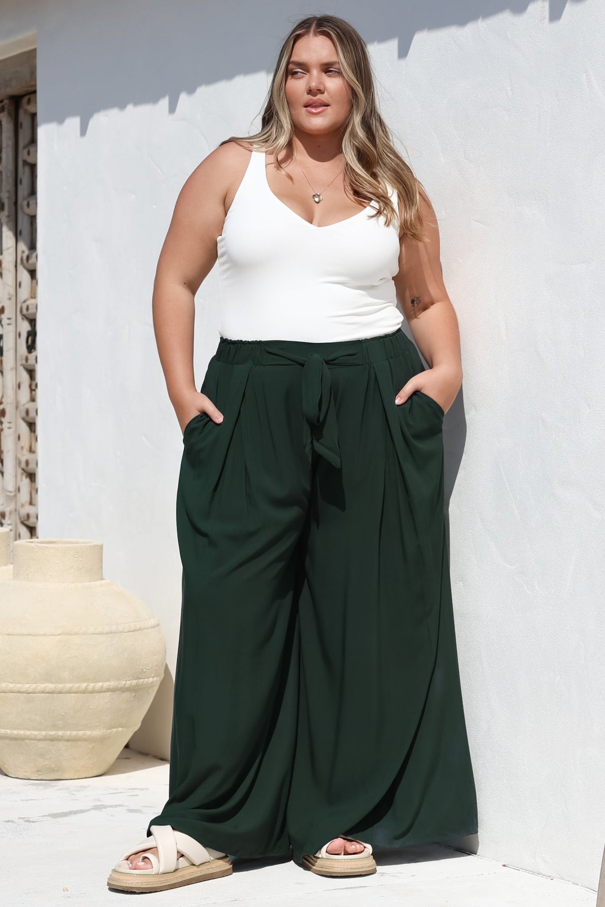 Malta Pants - High Waisted Wide Leg Pants with Tie Waist in Emerald