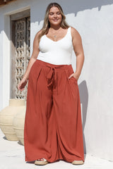 Malta Pants - High Waisted Wide Leg Pants with Tie Waist in Rust