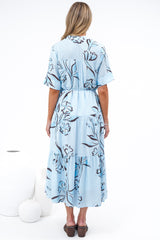 Malva Midi Dress - Split Collar Wavy Trim Detailed Shirt Dress with Waist Tie in Ocean Muse Print