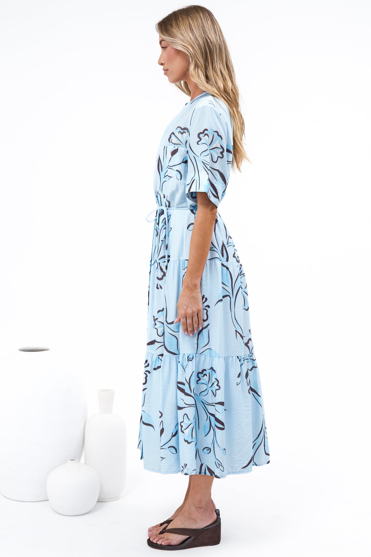 Malva Midi Dress - Split Collar Wavy Trim Detailed Shirt Dress with Waist Tie in Ocean Muse Print