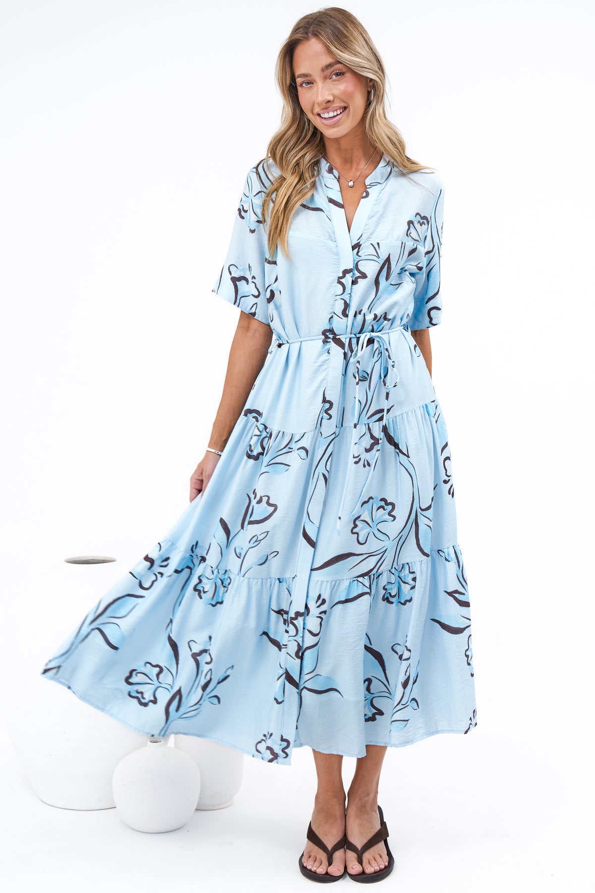 Malva Midi Dress - Split Collar Wavy Trim Detailed Shirt Dress with Waist Tie in Ocean Muse Print