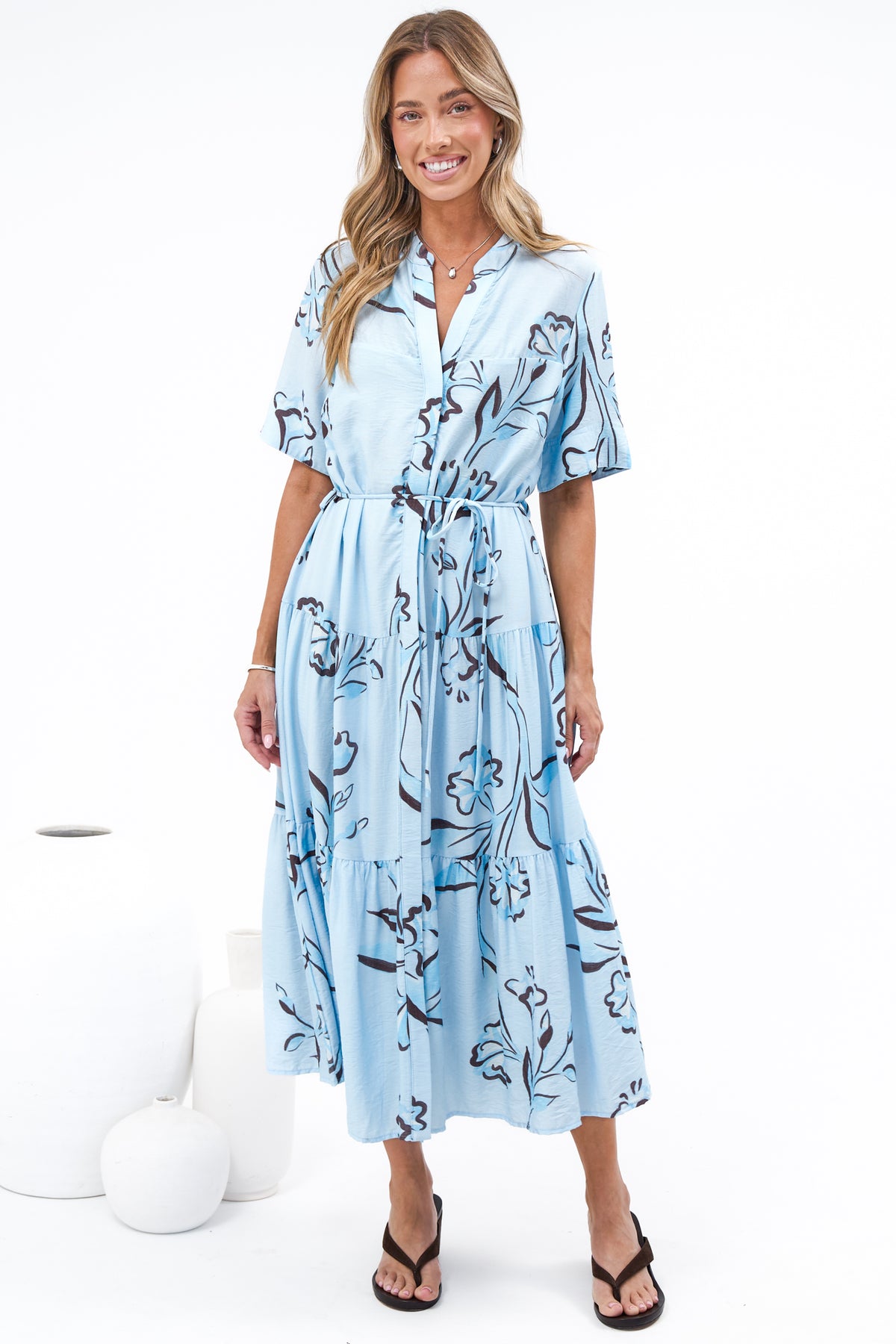 Malva Midi Dress - Split Collar Wavy Trim Detailed Shirt Dress with Waist Tie in Ocean Muse Print
