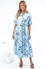 Malva Midi Dress - Split Collar Wavy Trim Detailed Shirt Dress with Waist Tie in Ocean Muse Print