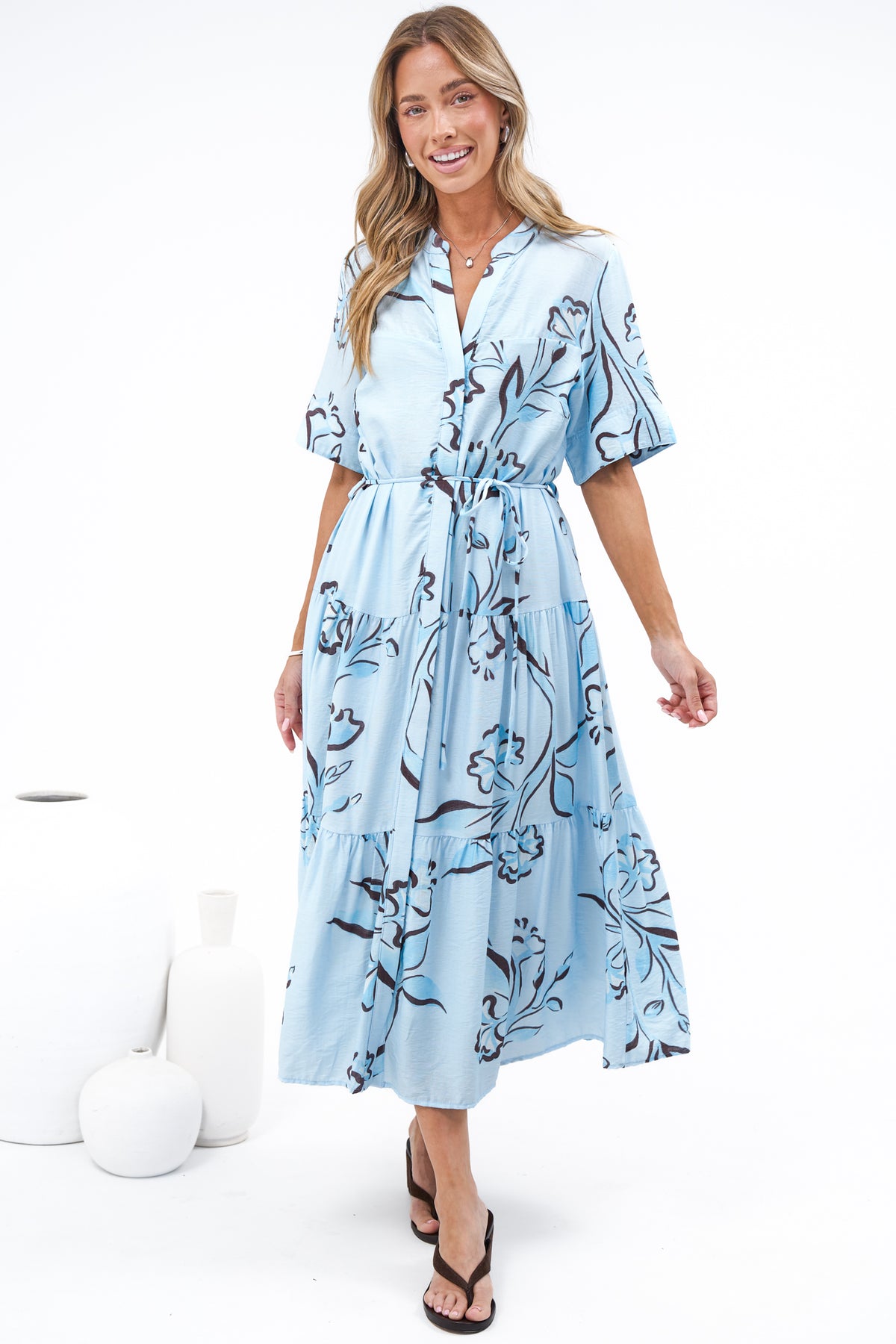 Malva Midi Dress - Split Collar Wavy Trim Detailed Shirt Dress with Waist Tie in Ocean Muse Print
