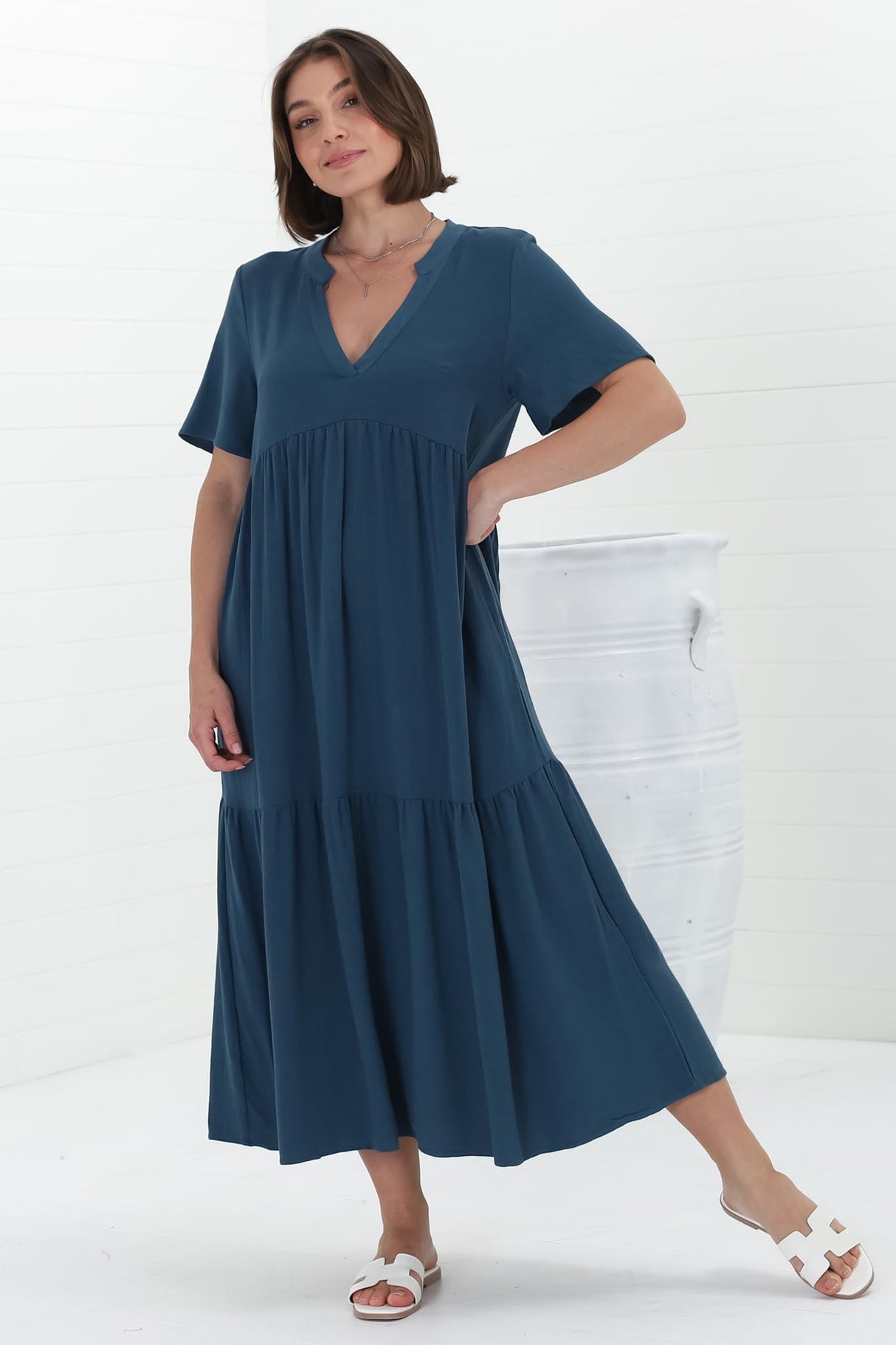 Malyn Midi Dress - Mandarin Collar Tiered Short Sleeve Dress in Blue