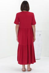 Malyn Midi Dress - Mandarin Collar Tiered Short Sleeve Dress in Red