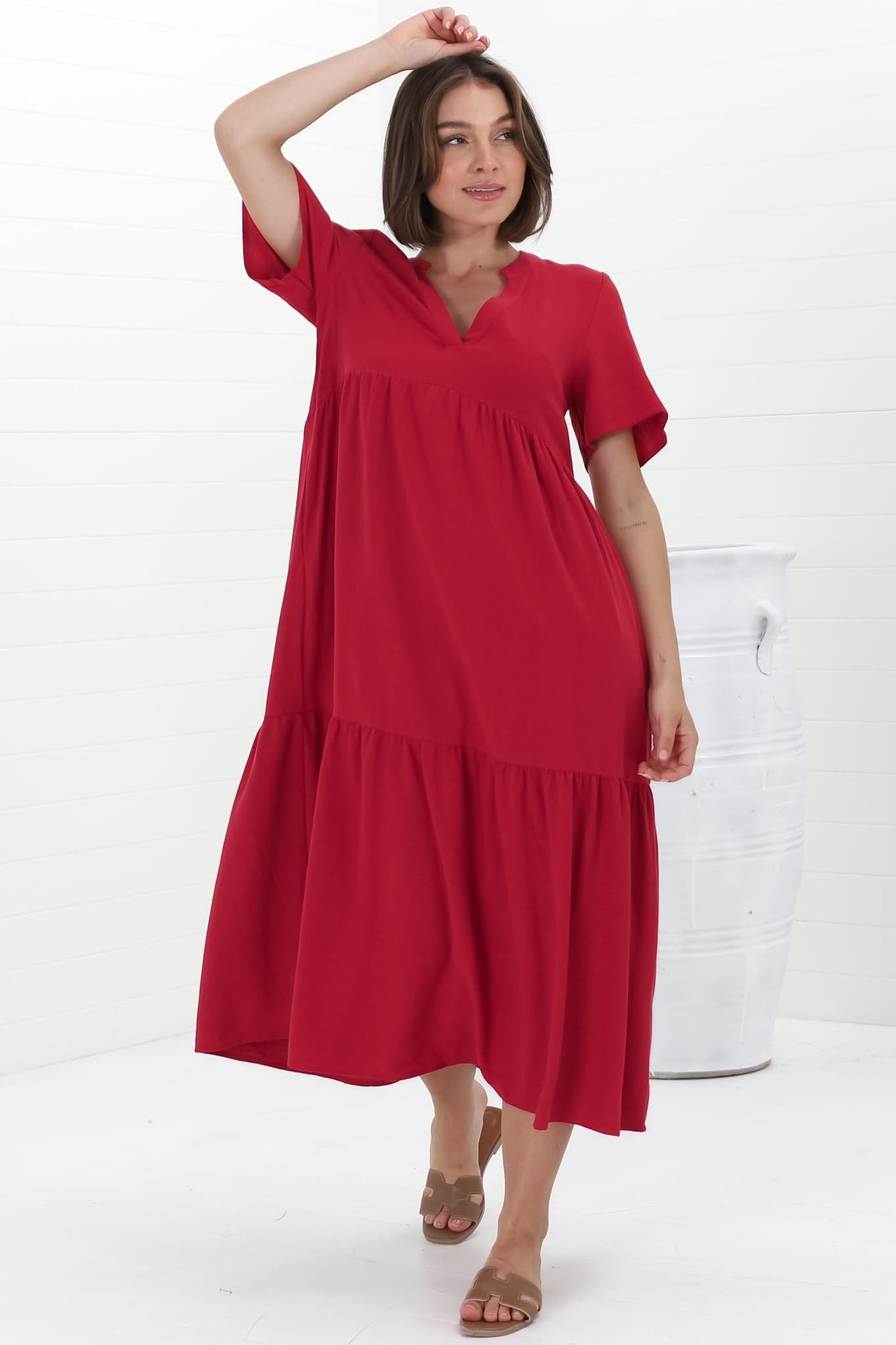 Malyn Midi Dress - Mandarin Collar Tiered Short Sleeve Dress in Red