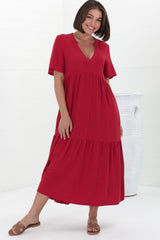 Malyn Midi Dress - Mandarin Collar Tiered Short Sleeve Dress in Red