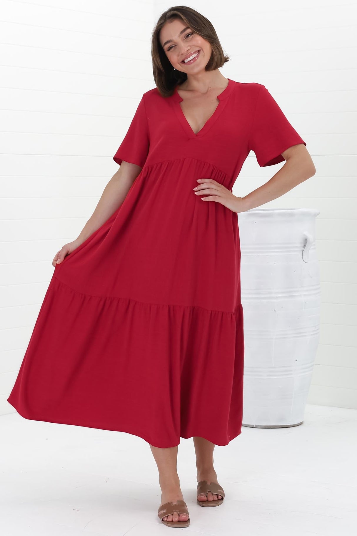 Malyn Midi Dress - Mandarin Collar Tiered Short Sleeve Dress in Red