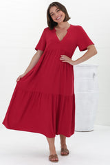 Malyn Midi Dress - Mandarin Collar Tiered Short Sleeve Dress in Red