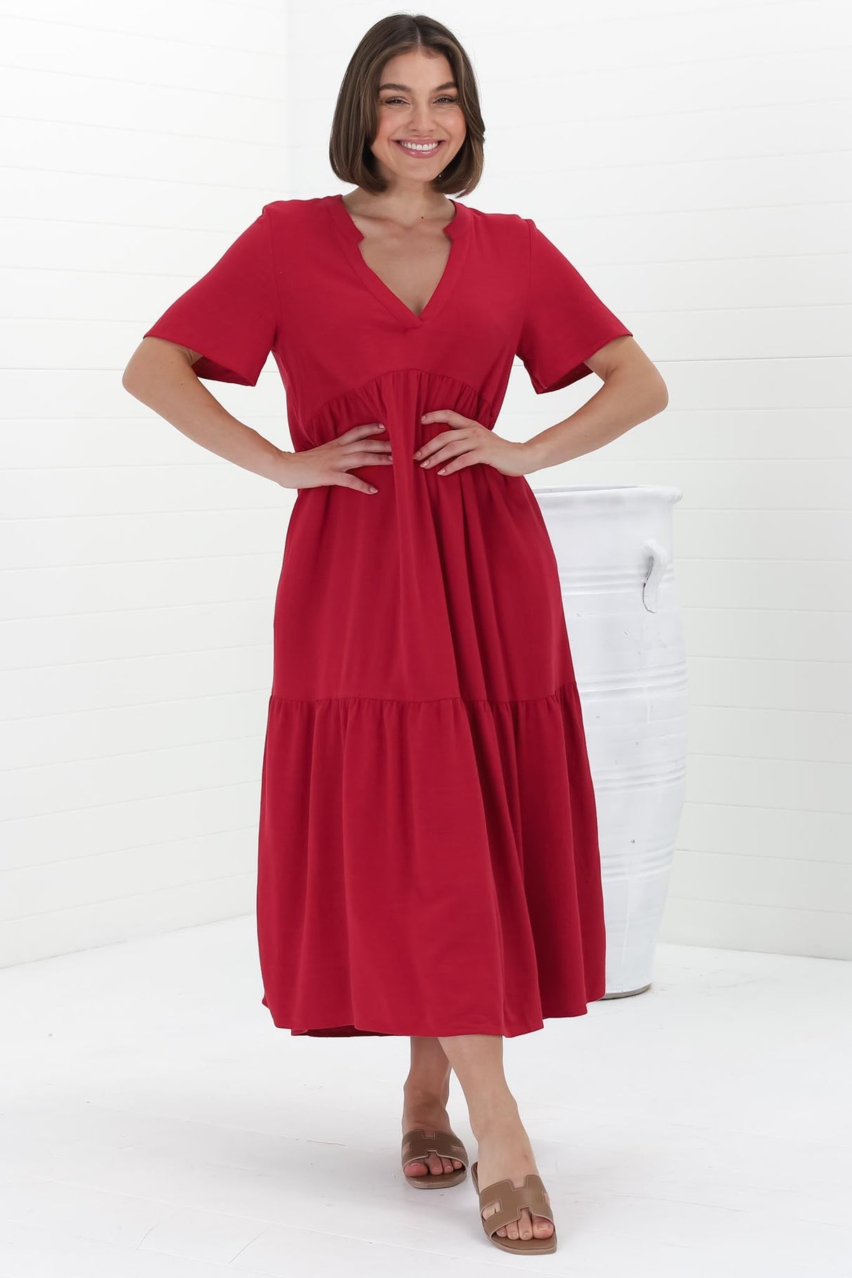 Malyn Midi Dress - Mandarin Collar Tiered Short Sleeve Dress in Red