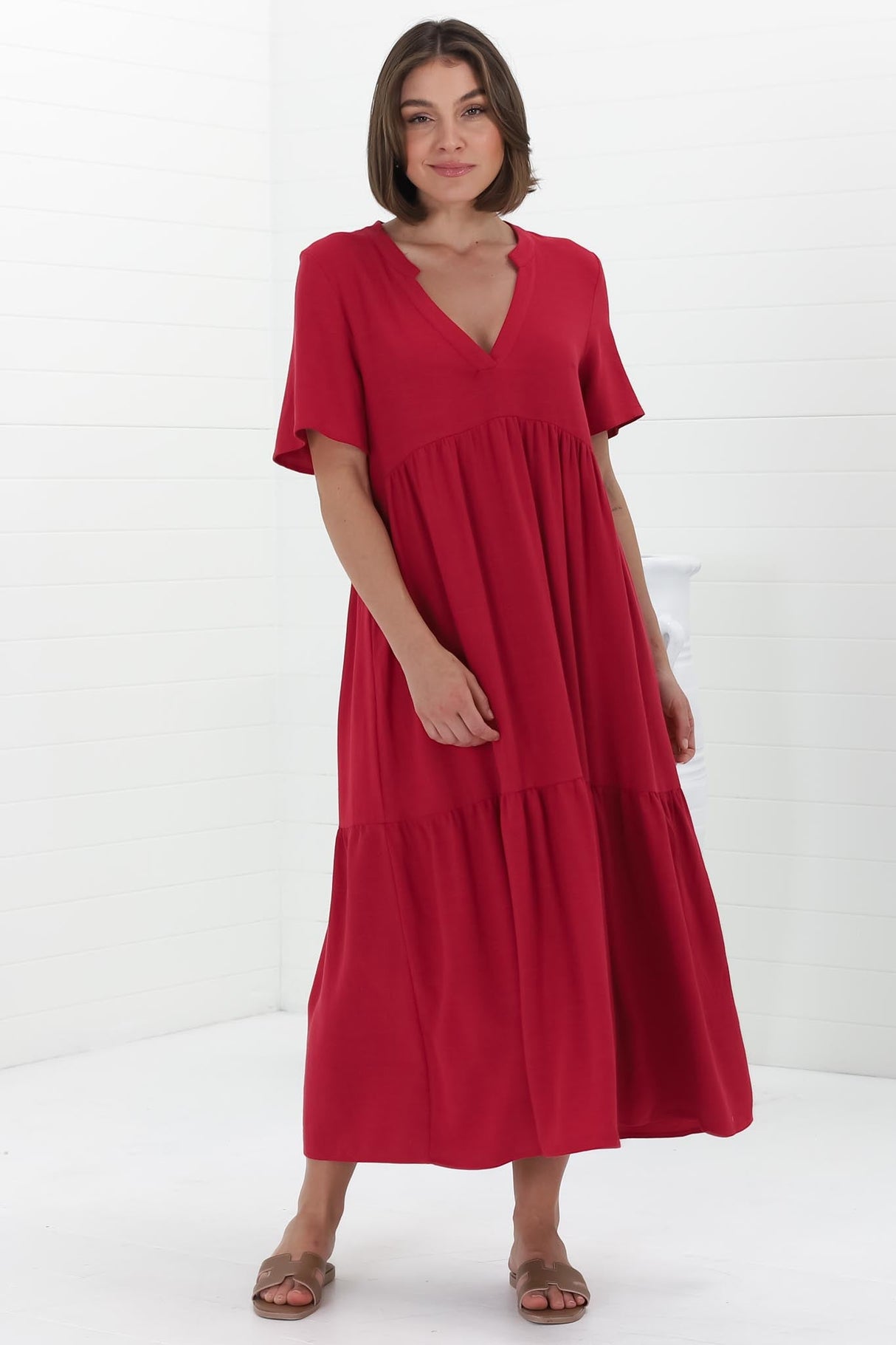 Malyn Midi Dress - Mandarin Collar Tiered Short Sleeve Dress in Red