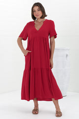 Malyn Midi Dress - Mandarin Collar Tiered Short Sleeve Dress in Red