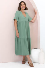 Malyn Midi Dress - Mandarin Collar Tiered Short Sleeve Dress in Green