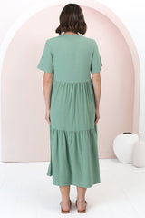 Malyn Midi Dress - Mandarin Collar Tiered Short Sleeve Dress in Green