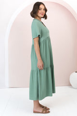 Malyn Midi Dress - Mandarin Collar Tiered Short Sleeve Dress in Green