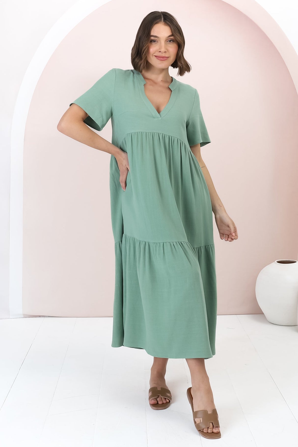 Malyn Midi Dress - Mandarin Collar Tiered Short Sleeve Dress in Green