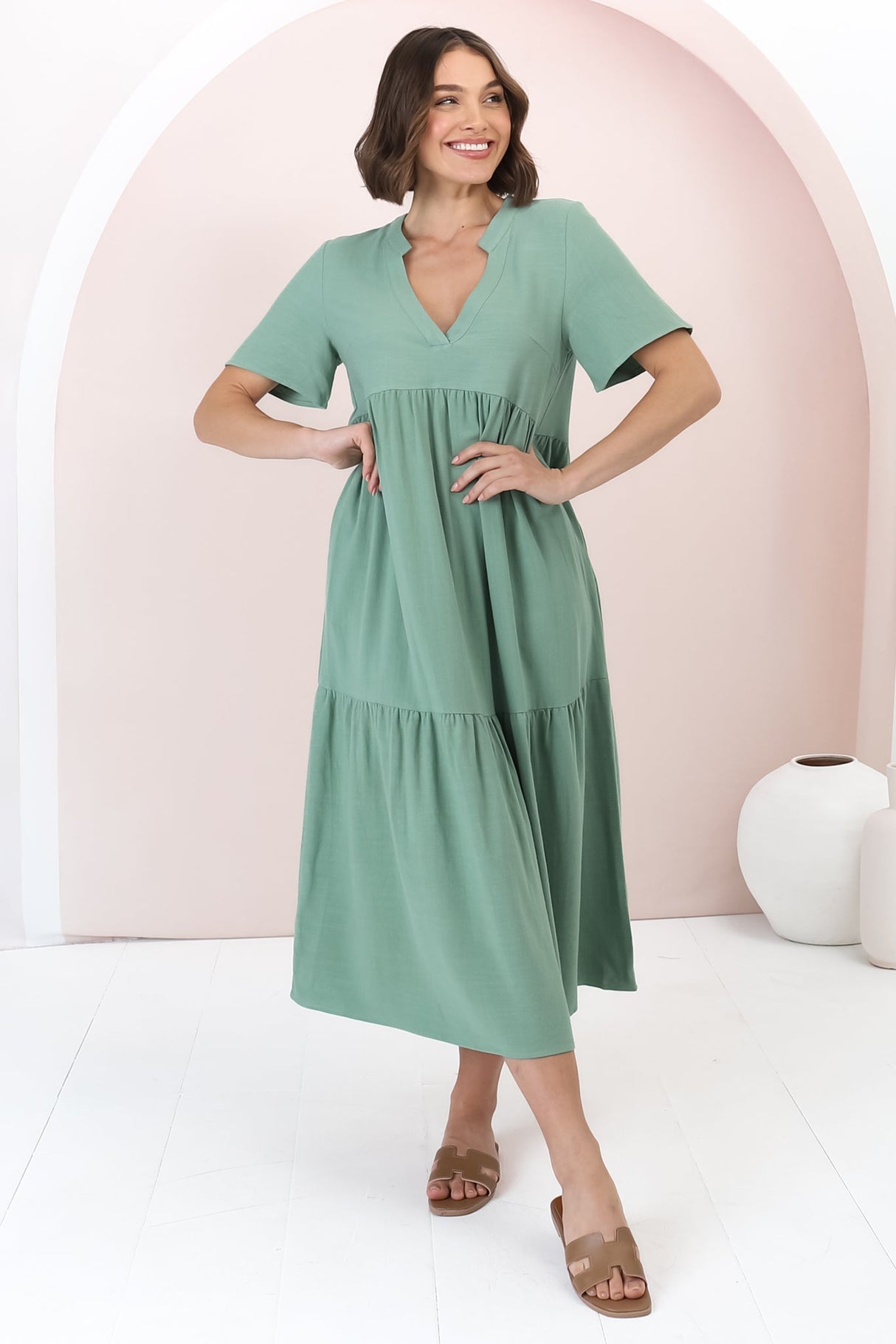 Malyn Midi Dress - Mandarin Collar Tiered Short Sleeve Dress in Green