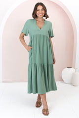 Malyn Midi Dress - Mandarin Collar Tiered Short Sleeve Dress in Green