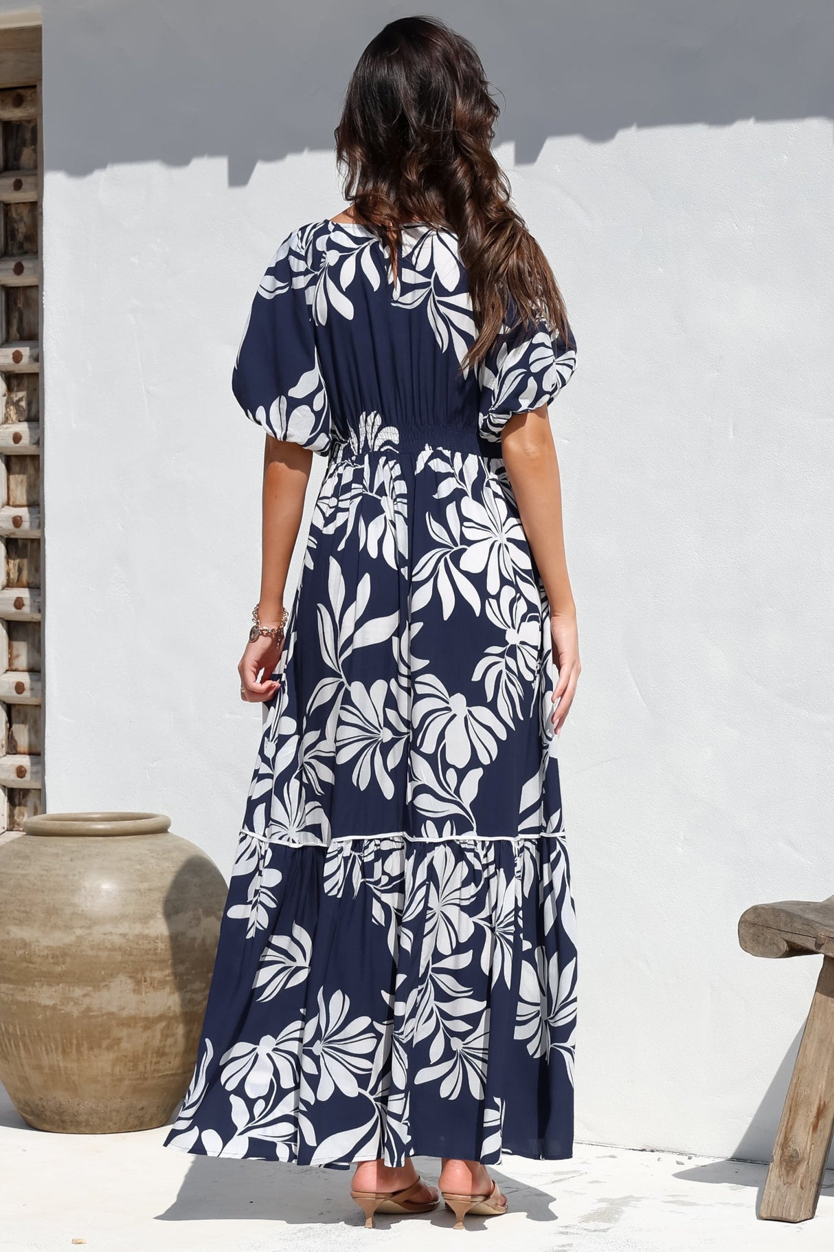 Manaya Maxi Dress - Soft V Neck Tiered Dress with Short Balloon Sleeves in Charlene Print Navy