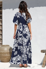 Manaya Maxi Dress - Soft V Neck Tiered Dress with Short Balloon Sleeves in Charlene Print Navy