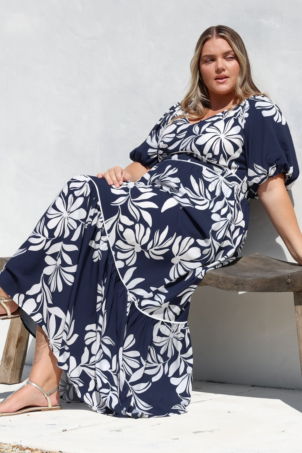 Manaya Maxi Dress - Soft V Neck Tiered Dress with Short Balloon Sleeves in Charlene Print Navy