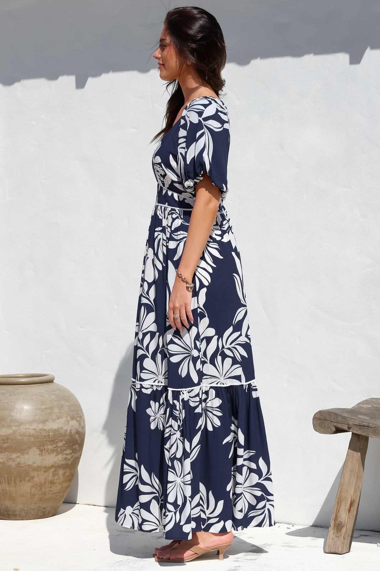 Manaya Maxi Dress - Soft V Neck Tiered Dress with Short Balloon Sleeves in Charlene Print Navy