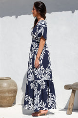 Manaya Maxi Dress - Soft V Neck Tiered Dress with Short Balloon Sleeves in Charlene Print Navy