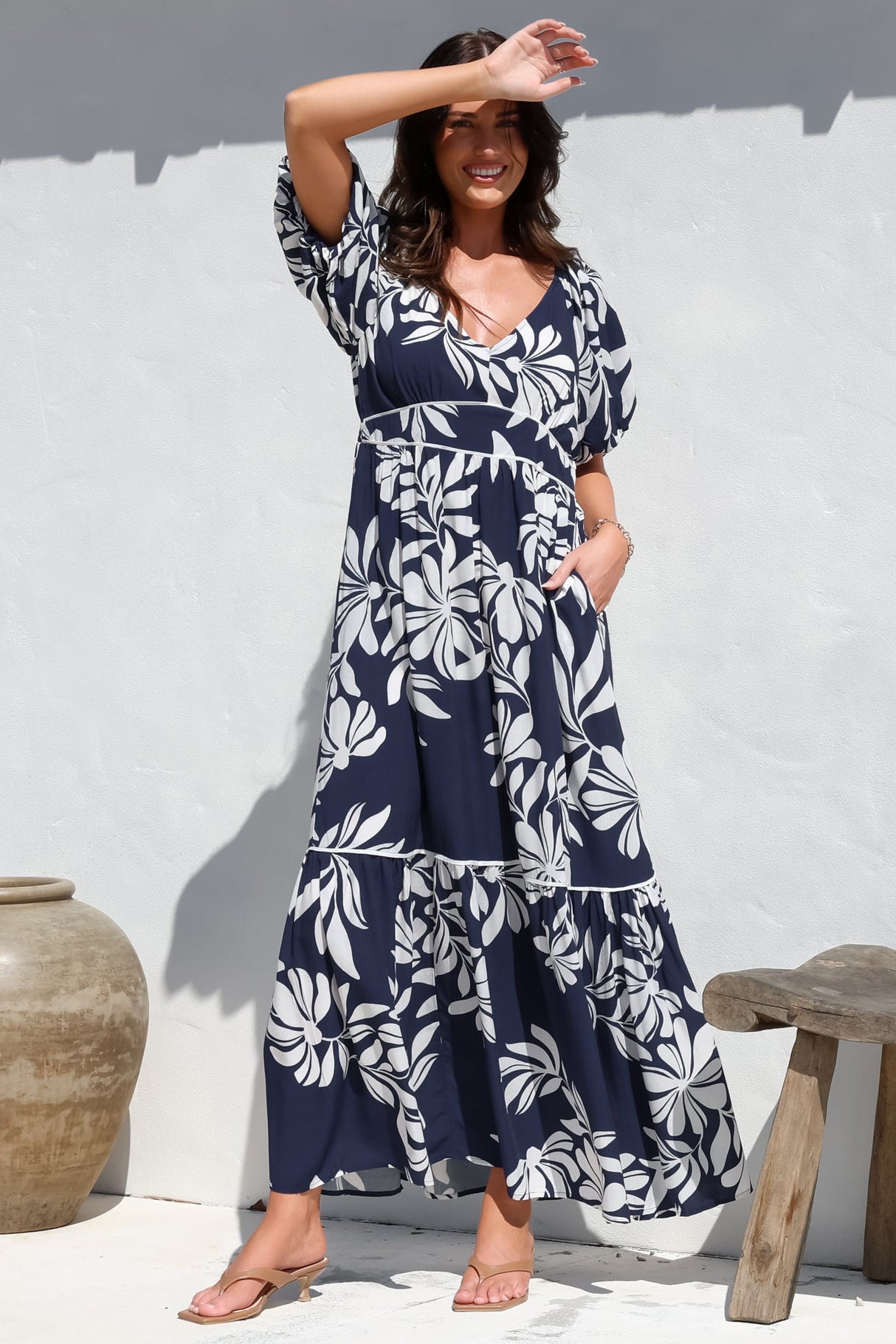 Manaya Maxi Dress - Soft V Neck Tiered Dress with Short Balloon Sleeves in Charlene Print Navy