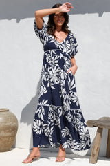 Manaya Maxi Dress - Soft V Neck Tiered Dress with Short Balloon Sleeves in Charlene Print Navy