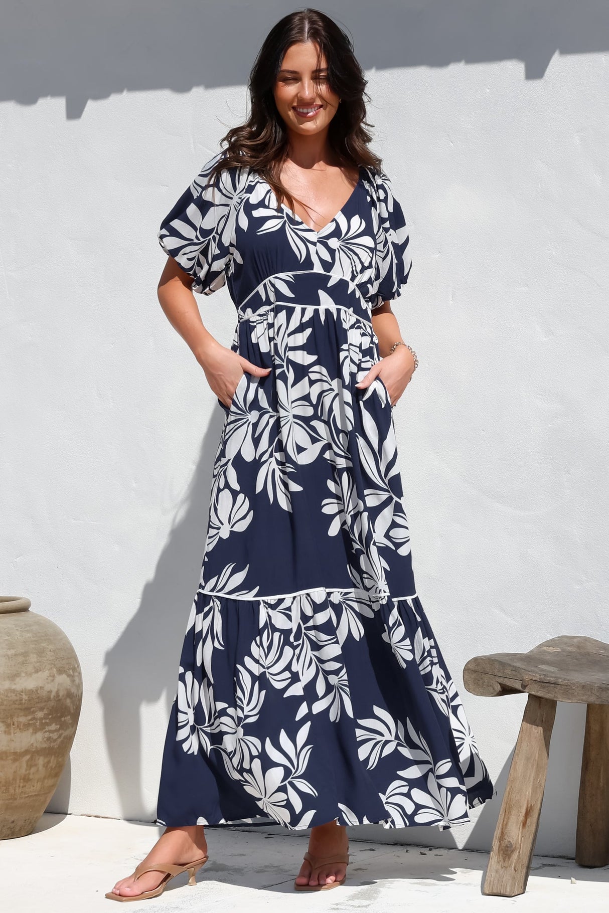 Manaya Maxi Dress - Soft V Neck Tiered Dress with Short Balloon Sleeves in Charlene Print Navy