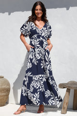 Manaya Maxi Dress - Soft V Neck Tiered Dress with Short Balloon Sleeves in Charlene Print Navy
