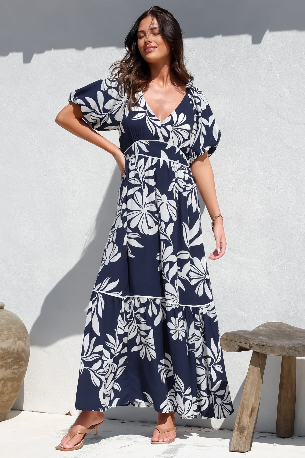 Manaya Maxi Dress - Soft V Neck Tiered Dress with Short Balloon Sleeves in Charlene Print Navy