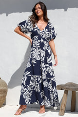 Manaya Maxi Dress - Soft V Neck Tiered Dress with Short Balloon Sleeves in Charlene Print Navy