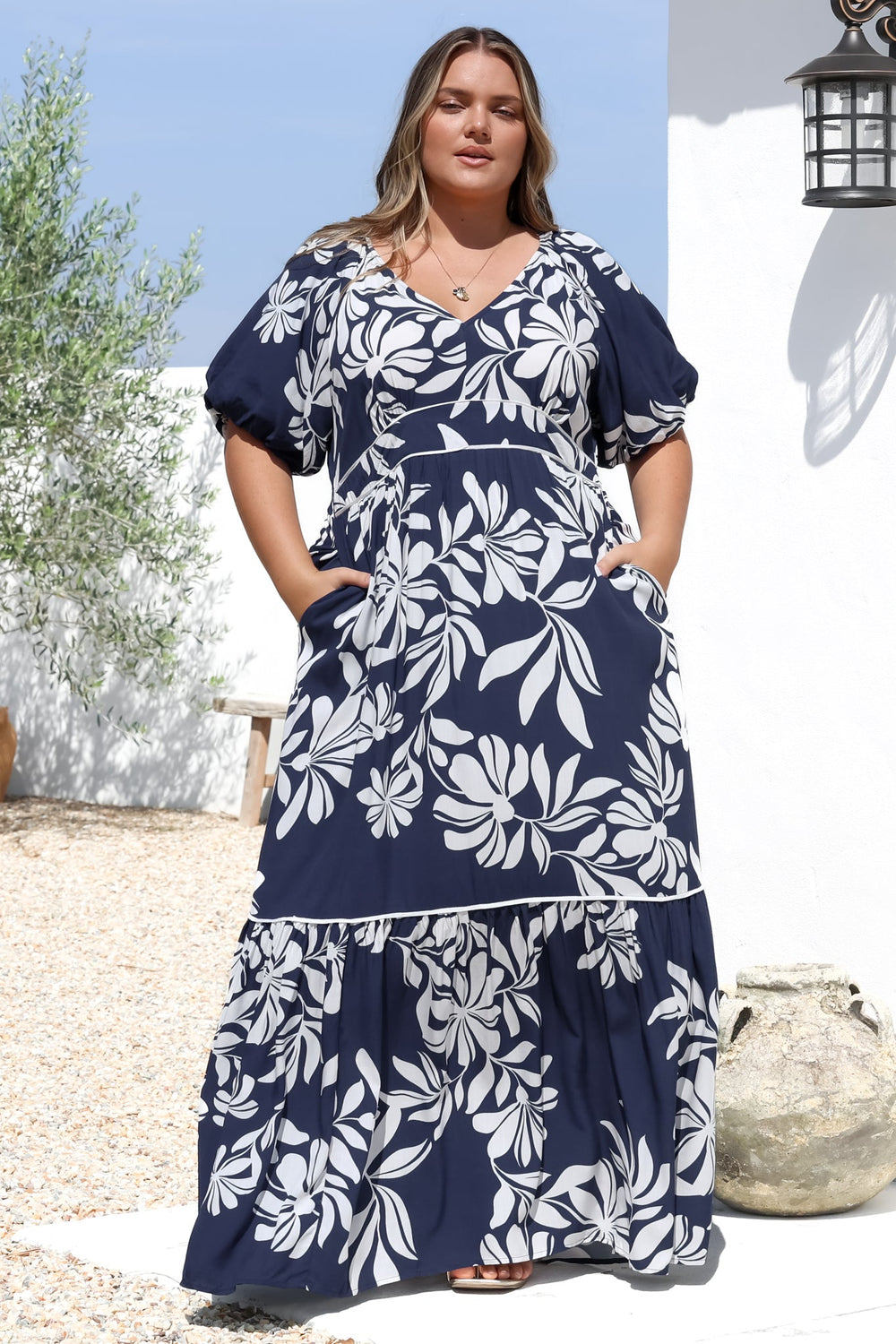 Manaya Maxi Dress - Soft V Neck Tiered Dress with Short Balloon Sleeves in Charlene Print Navy