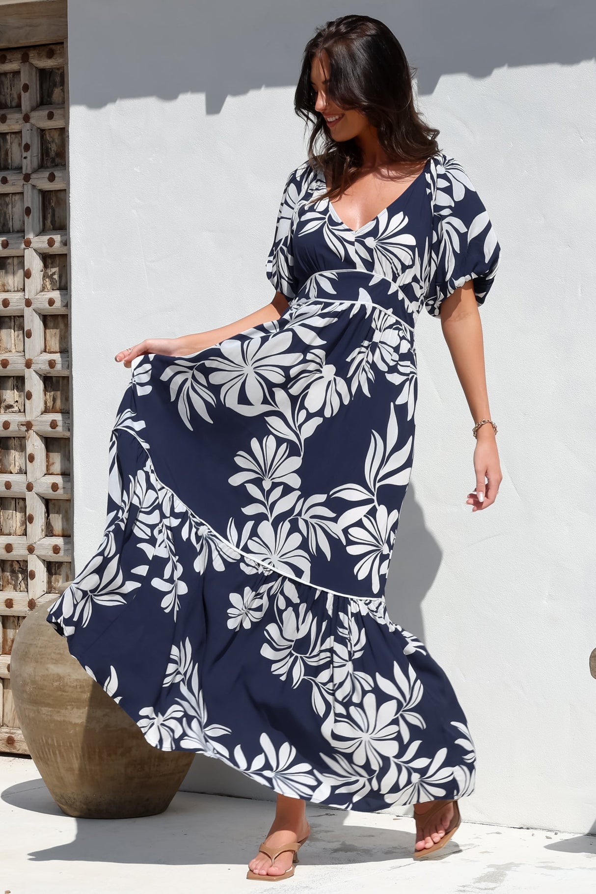 Manaya Maxi Dress - Soft V Neck Tiered Dress with Short Balloon Sleeves in Charlene Print Navy