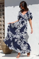 Manaya Maxi Dress - Soft V Neck Tiered Dress with Short Balloon Sleeves in Charlene Print Navy