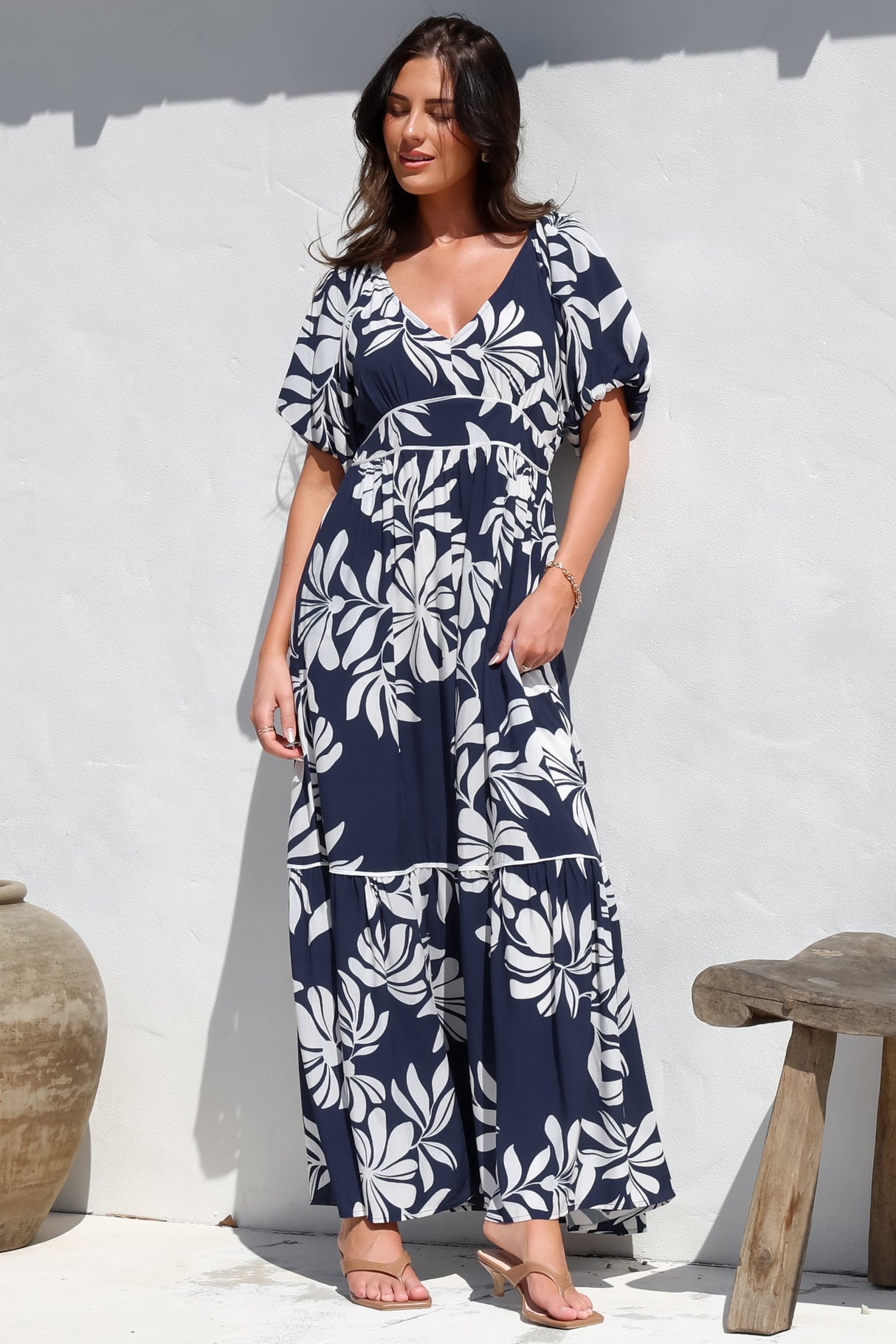 Manaya Maxi Dress - Soft V Neck Tiered Dress with Short Balloon Sleeves in Charlene Print Navy