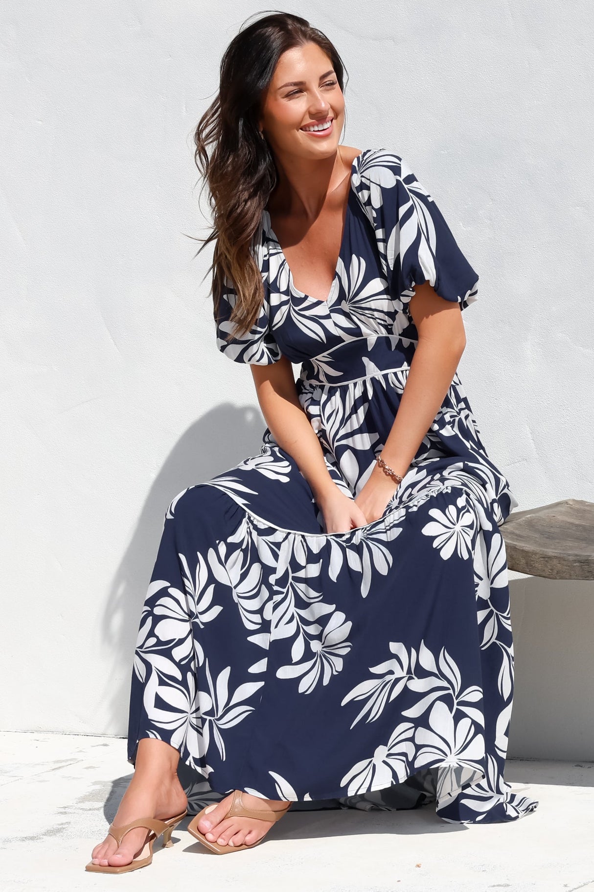 Manaya Maxi Dress - Soft V Neck Tiered Dress with Short Balloon Sleeves in Charlene Print Navy