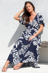 Manaya Maxi Dress - Soft V Neck Tiered Dress with Short Balloon Sleeves in Charlene Print Navy