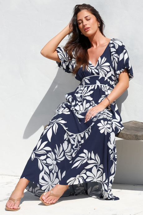 Manaya Maxi Dress - Soft V Neck Tiered Dress with Short Balloon Sleeves in Charlene Print Navy