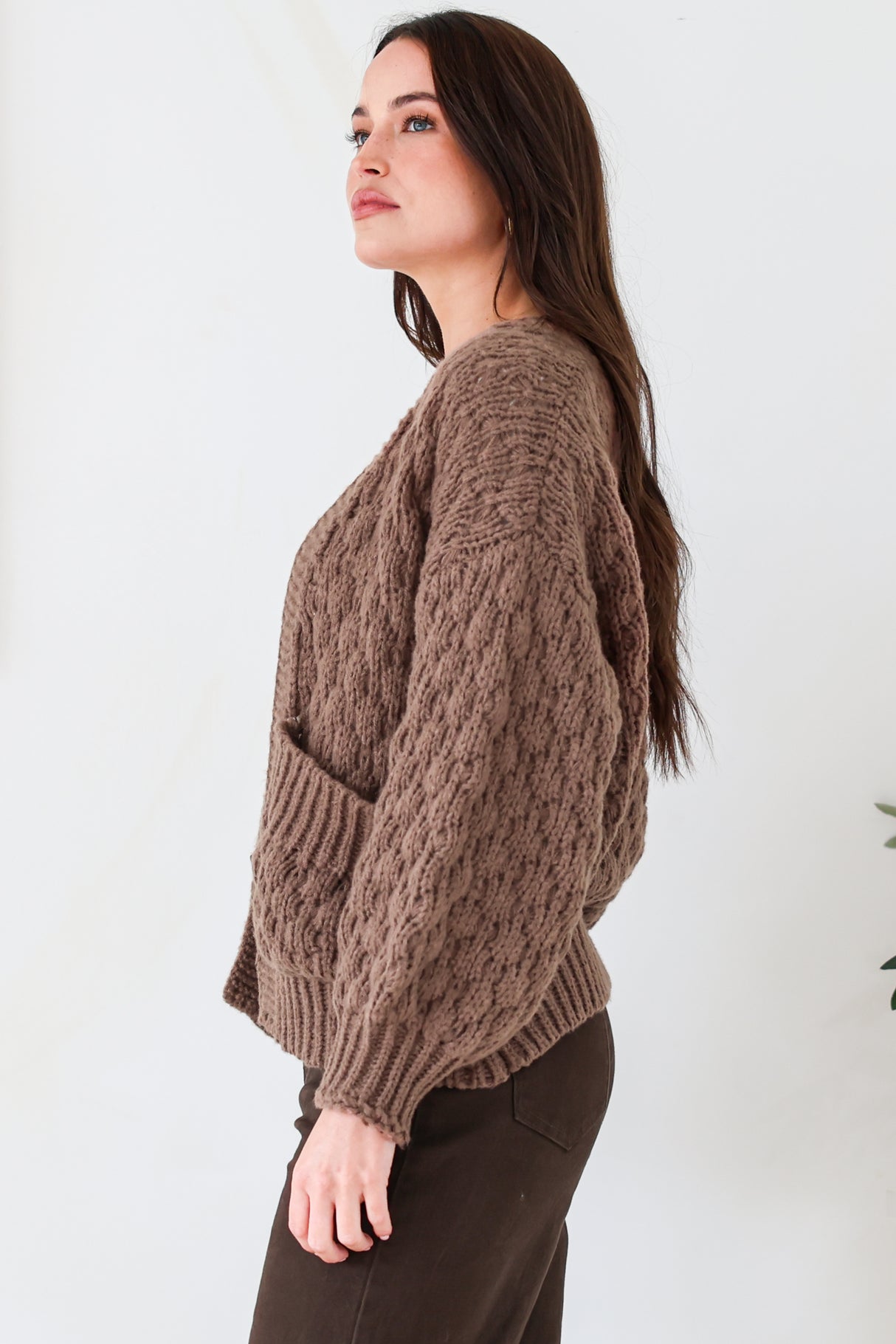 Manny Cardigan - Chunky Open Cropped Cable Knit with Rib Knit Trims and Pockets in Coffee